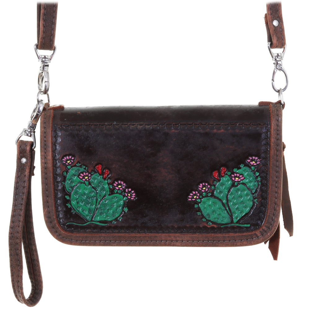 Co173 - Prickly Pear Cactus Tooled And Painted Clutch Organizer Handbag