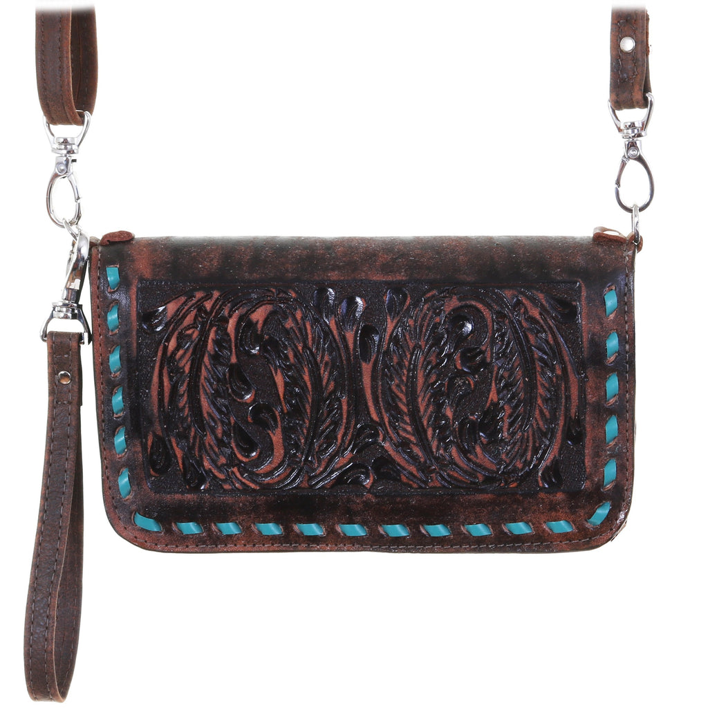 Co180 - Brown Vintage Feather Tooled Clutch Organizer Handbag