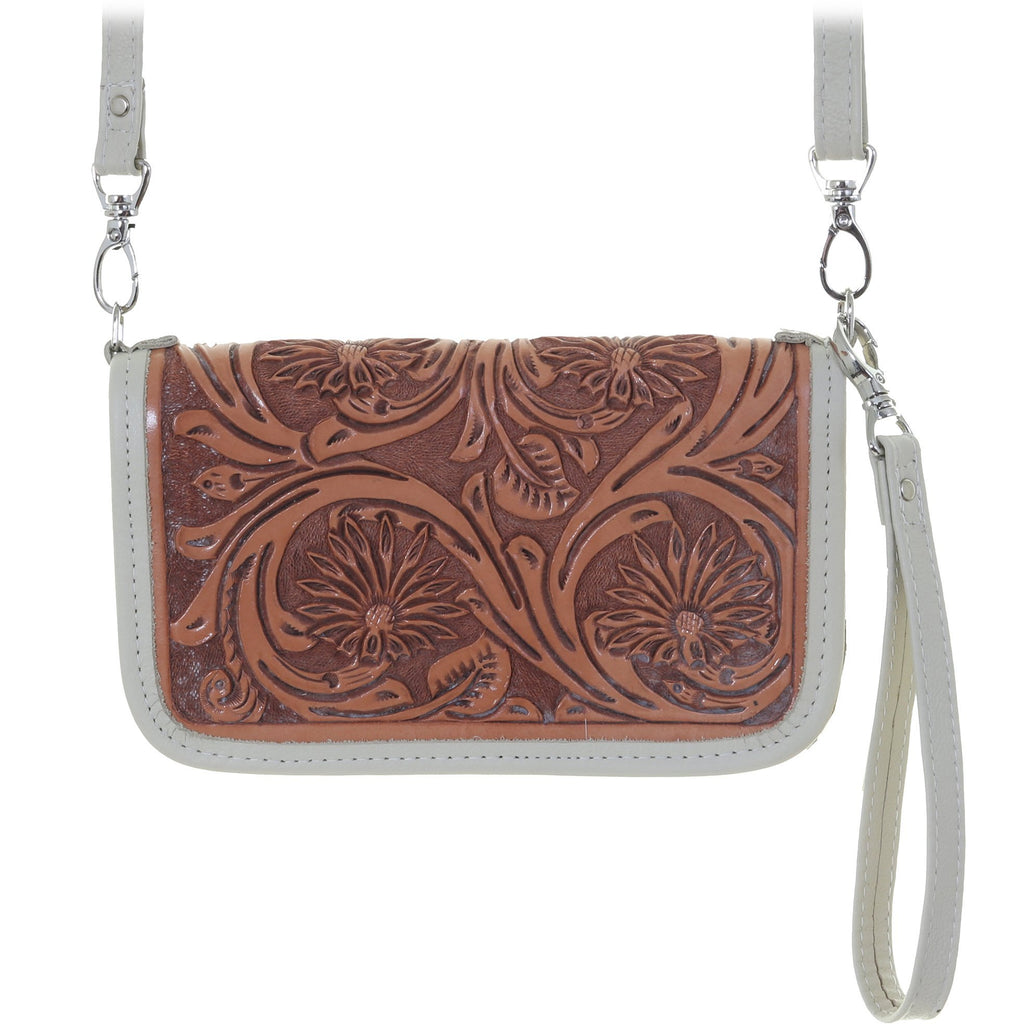 CO186 - Natural Leather Daisy Tooled Clutch Organizer