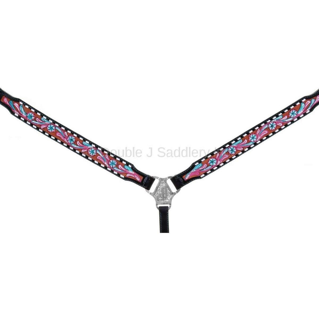 Bc942 - Black Leather Floral Painted Breast Collar Tack