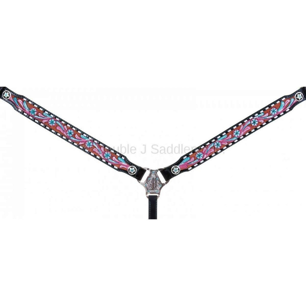 Bc942A - Black Leather Floral Painted Breast Collar Tack