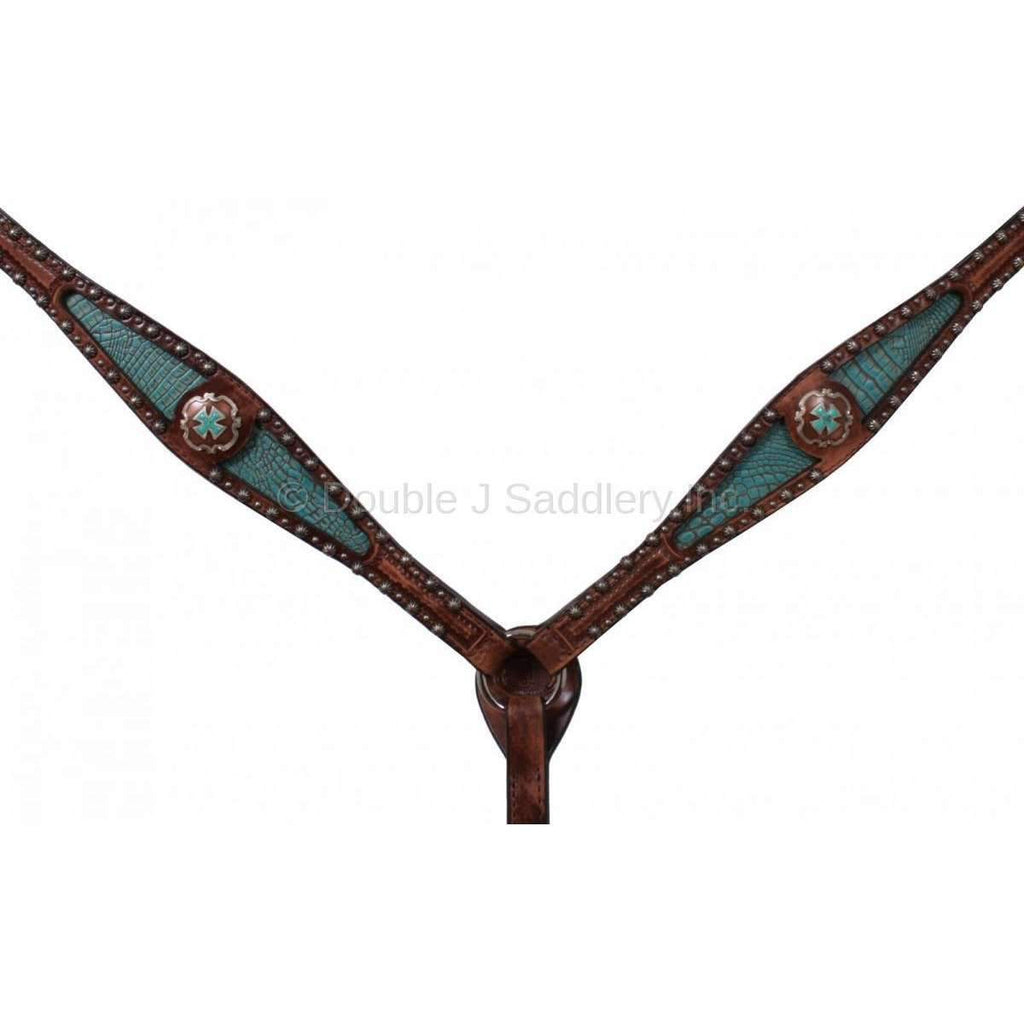 Bc257A - Brown Vintage Turquoise Gator Print Inlay Breast Collar Tack