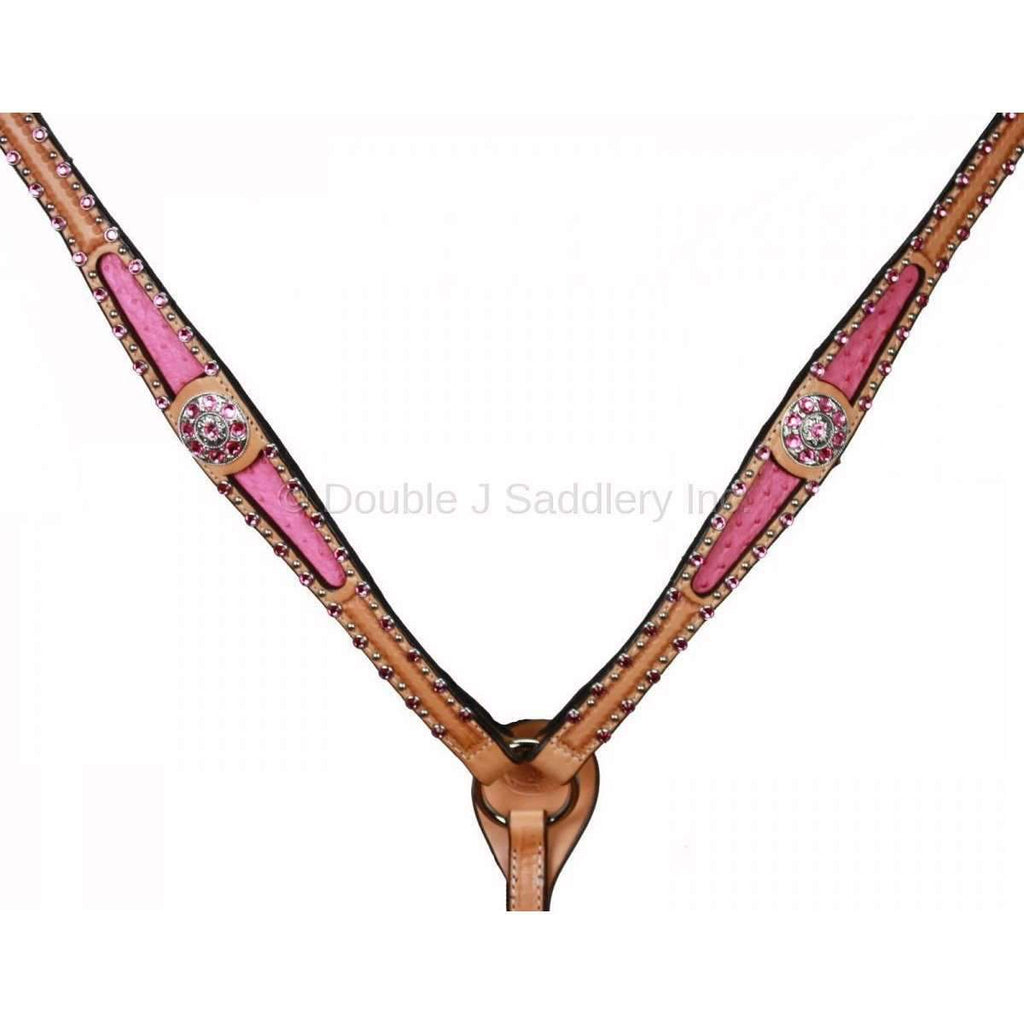 Bc318 - Natural Leather Pink Ostrich Inlayed Breast Collar Tack