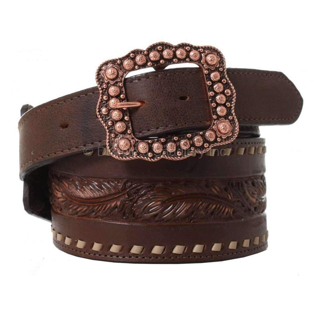 B841 - Brown Vintage Tooled 3 Piece Belt Belt