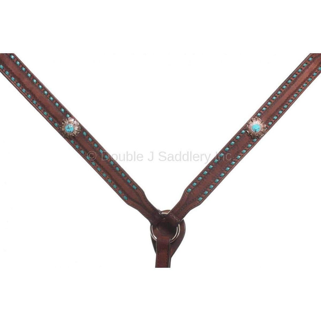 Bc637 - Brown Rough Out Turquoise Buckstitch Breast Collar Tack