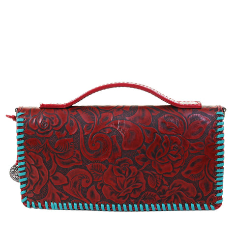 Fc03 - Red Antique Floral Folding Clutch Handbag