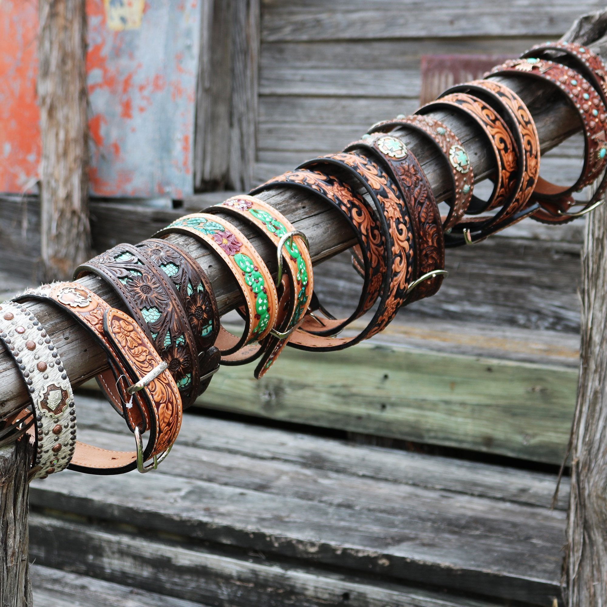 B762 - Brown Vintage Floral Tooled Inlayed Belt Belt