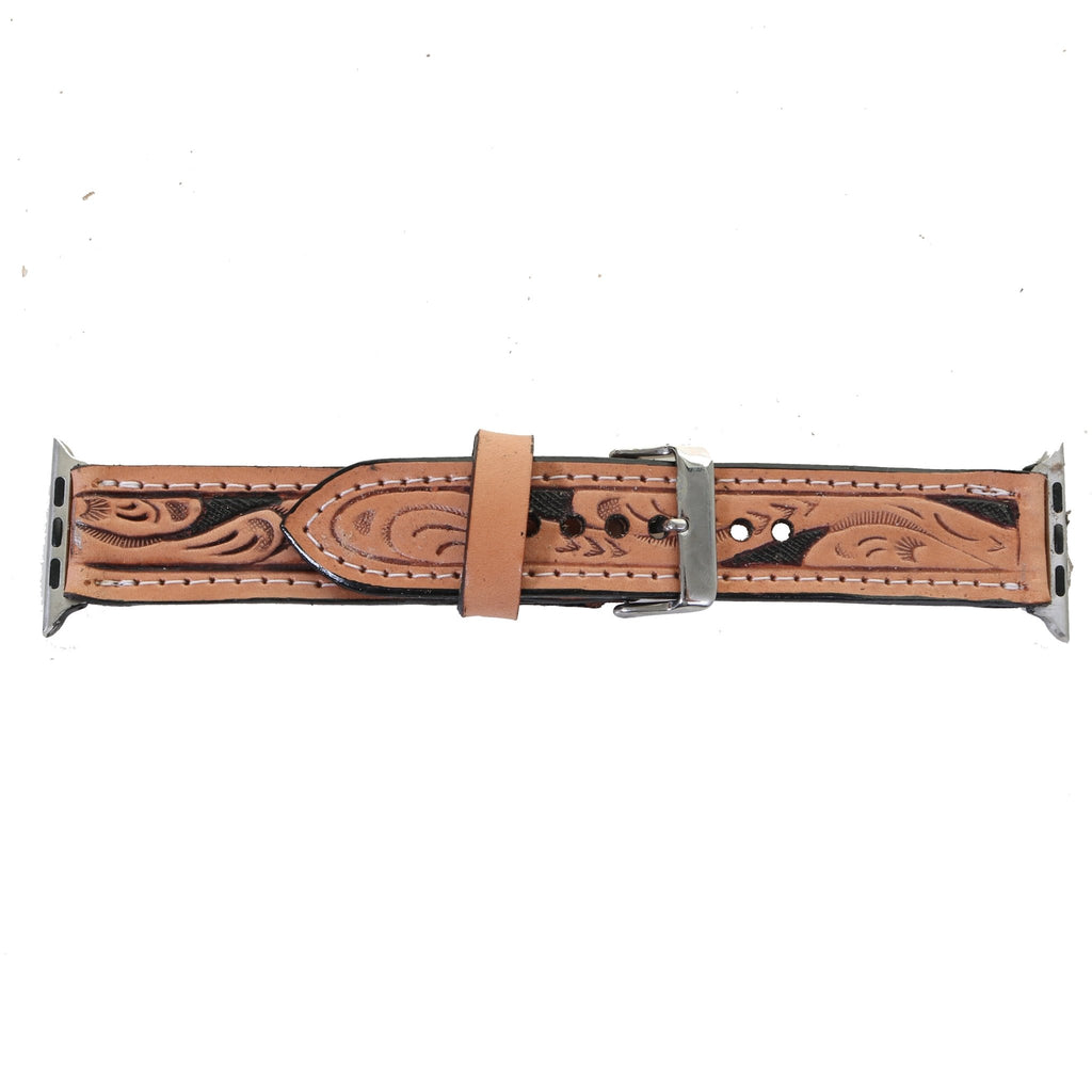 AWB05A - Floral Tooled Apple Watch Band with Black Background - Double J Saddlery