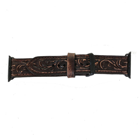 AWB16 - Brown Vintage Floral Tooled Apple Watch Band - Double J Saddlery