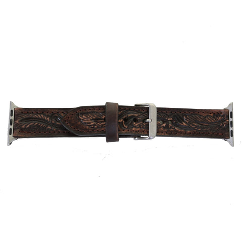 AWB18 - Brown Vintage Feather Tooled Apple Watch Band - Double J Saddlery