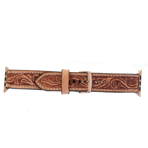 AWB19 - Natural Floral Tooled Apple Watch Band - Double J Saddlery
