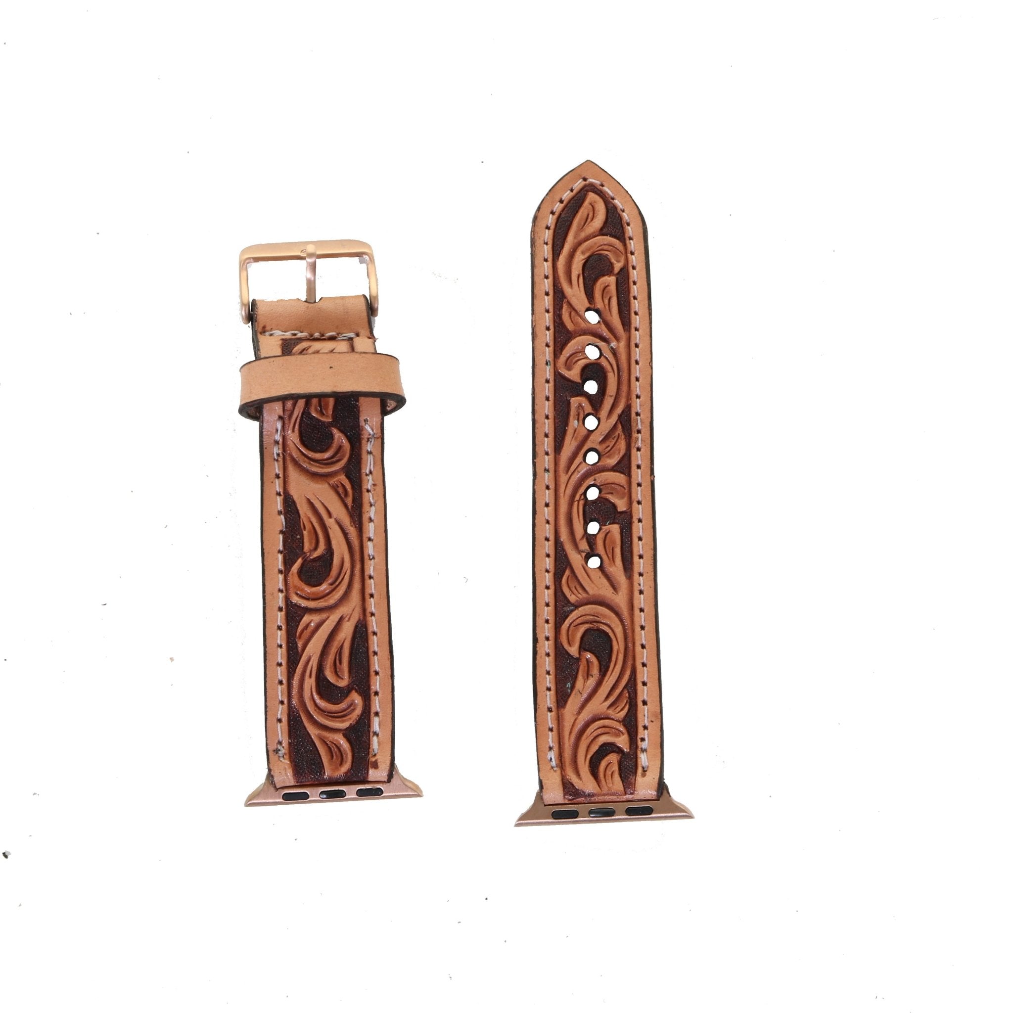 AWB19A - Natural Floral Tooled Rust Background Apple Watch Band - Double J Saddlery