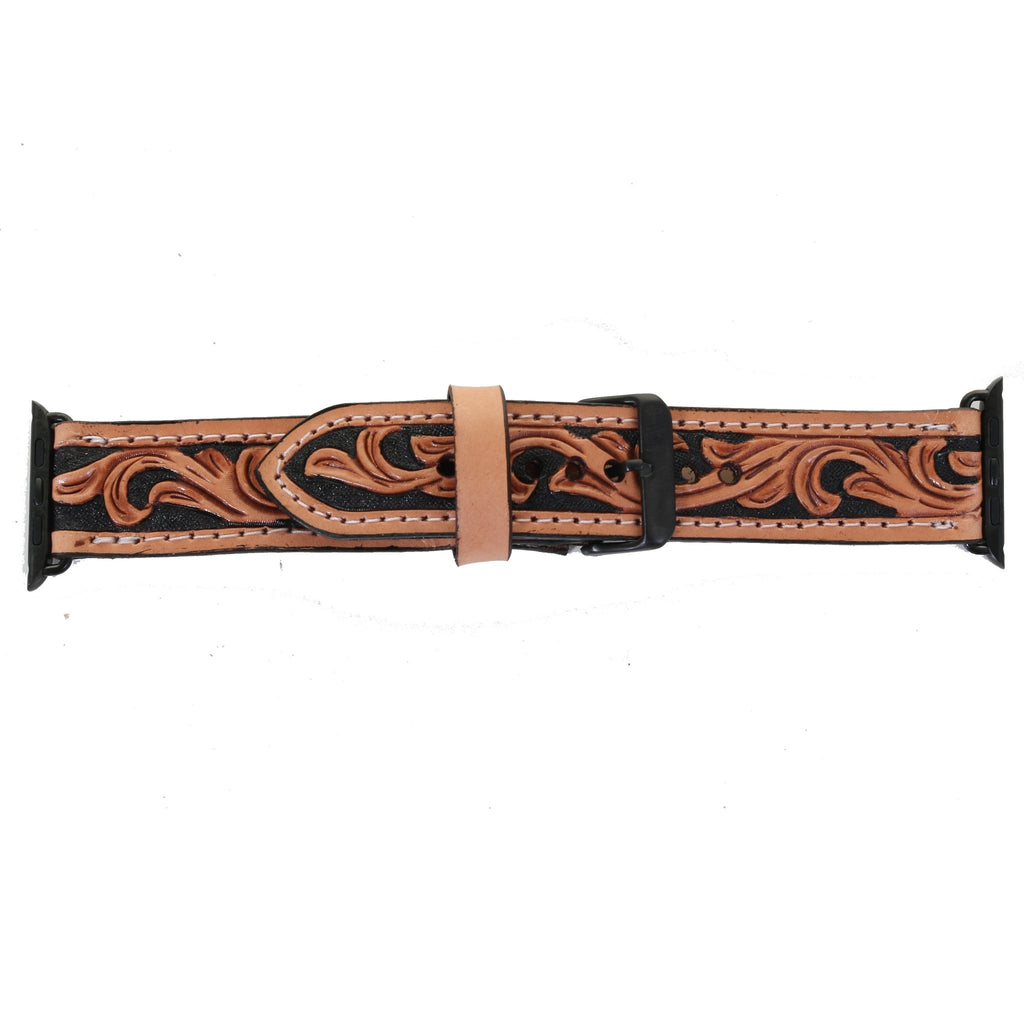 AWB19B - Natural Floral Tooled Black Background Apple Watch Band - Double J Saddlery