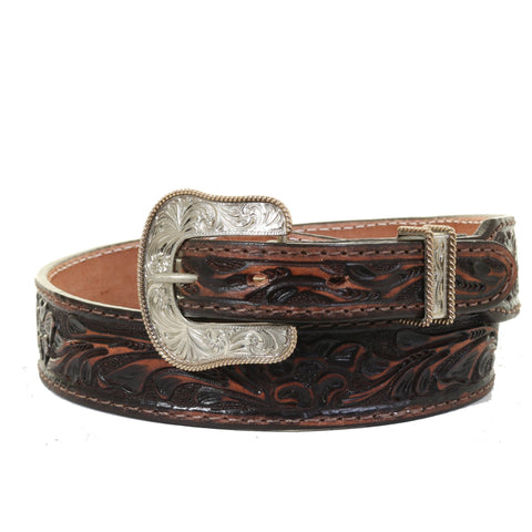 B1077A - Brown Vintage Floral Tooled Belt - Double J Saddlery