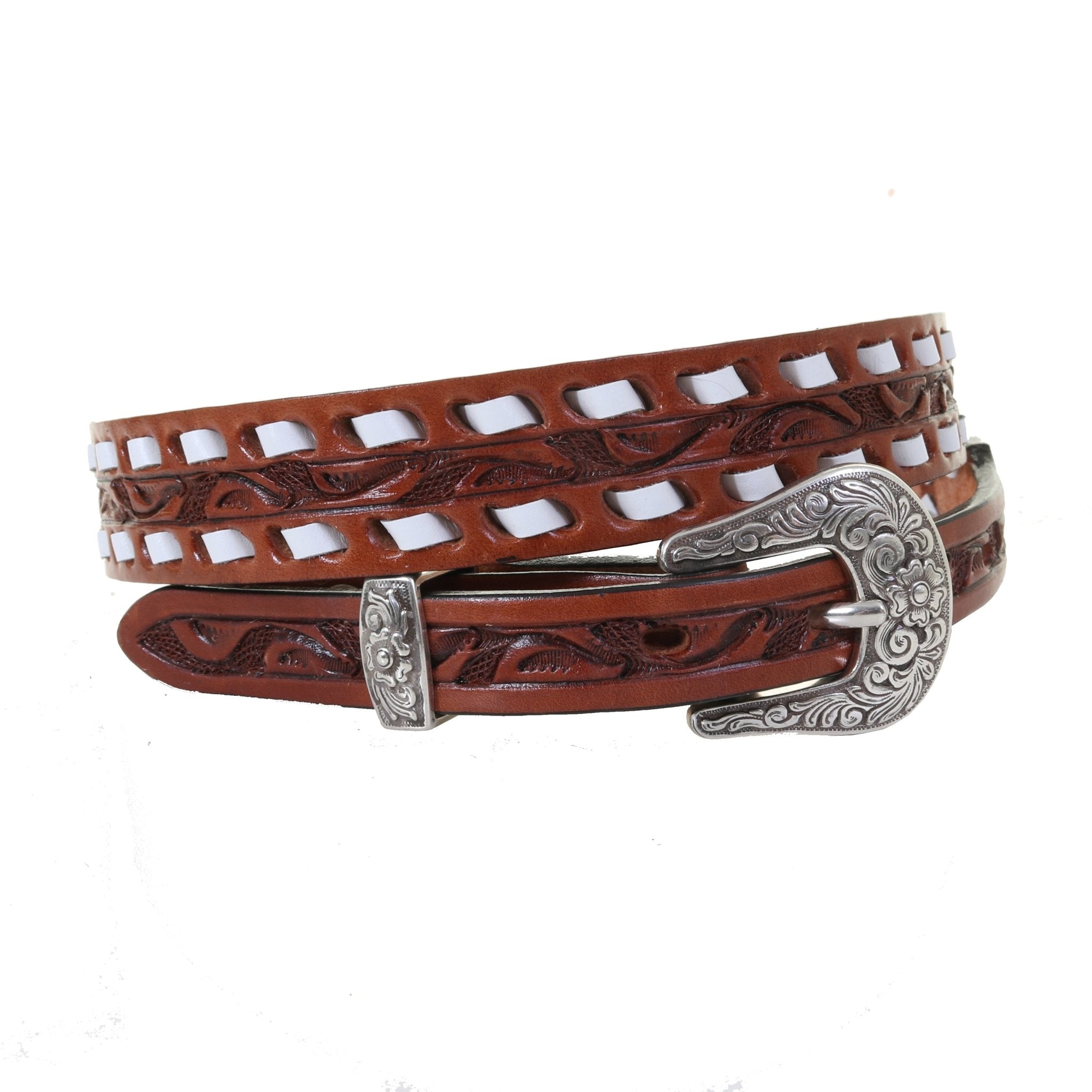 B1122 - Chestnut Tooled Narrow Belt - Double J Saddlery