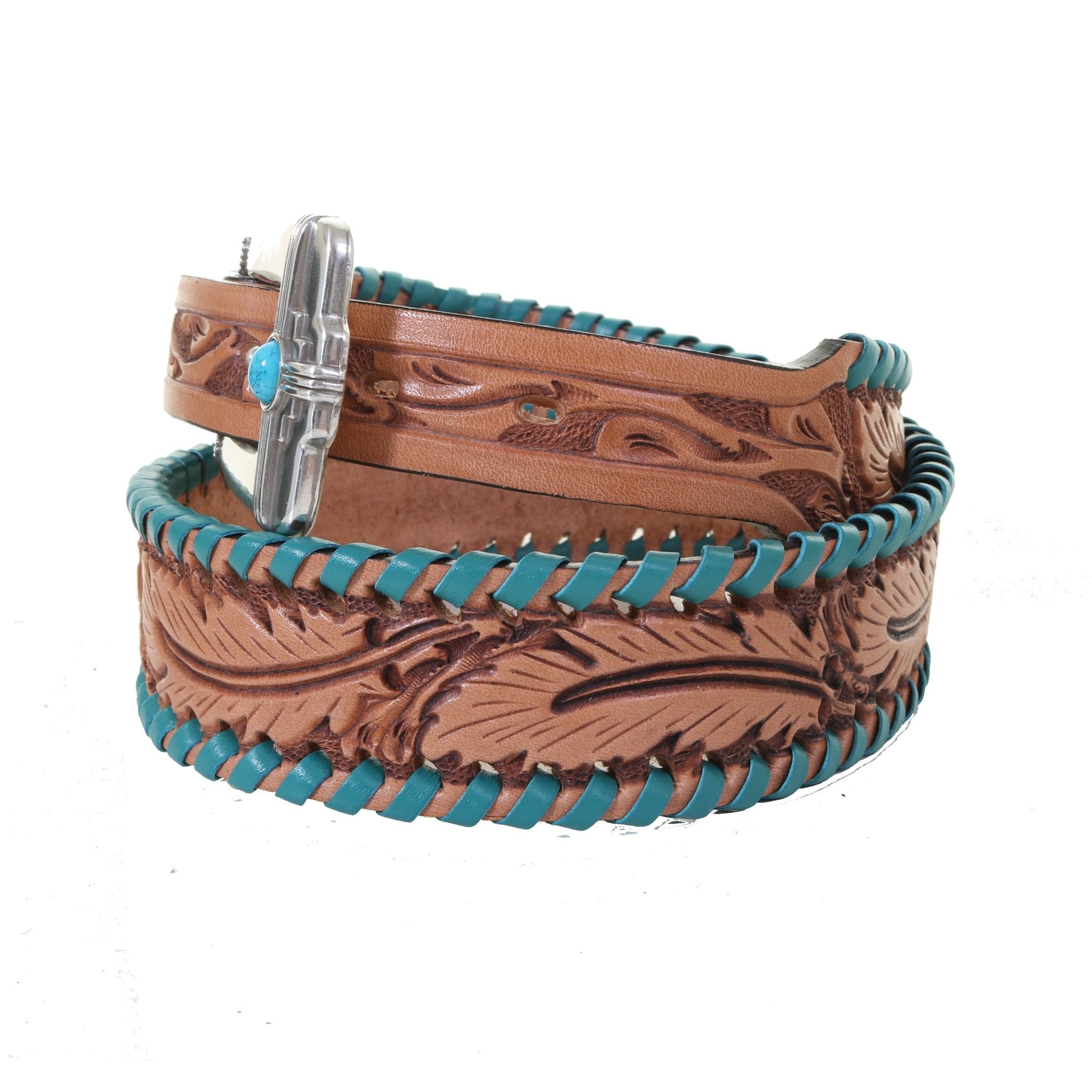 B1153 - Feather Tooled Turq Whip Stitched Belt - Double J Saddlery