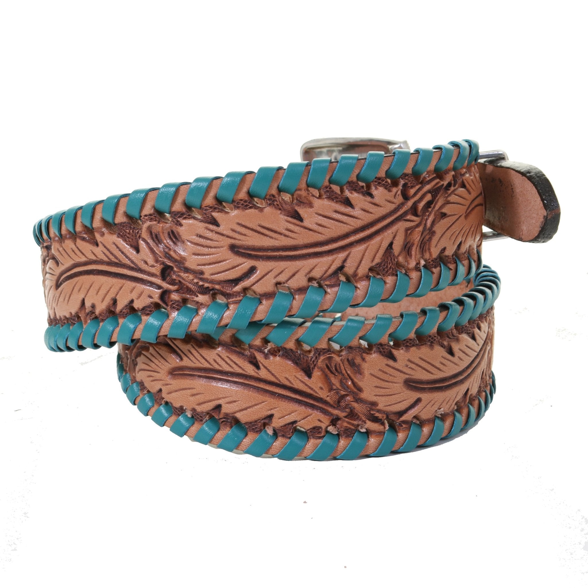 B1153 - Feather Tooled Turq Whip Stitched Belt - Double J Saddlery