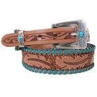 B1153 - Feather Tooled Turq Whip Stitched Belt - Double J Saddlery