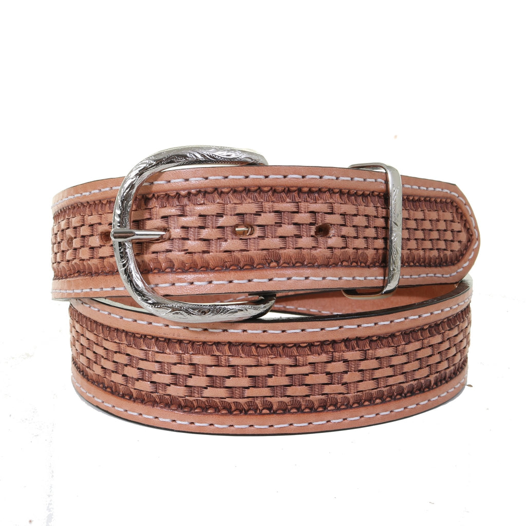 B619 - Natural Basket Weave Tooled Belt - Double J Saddlery