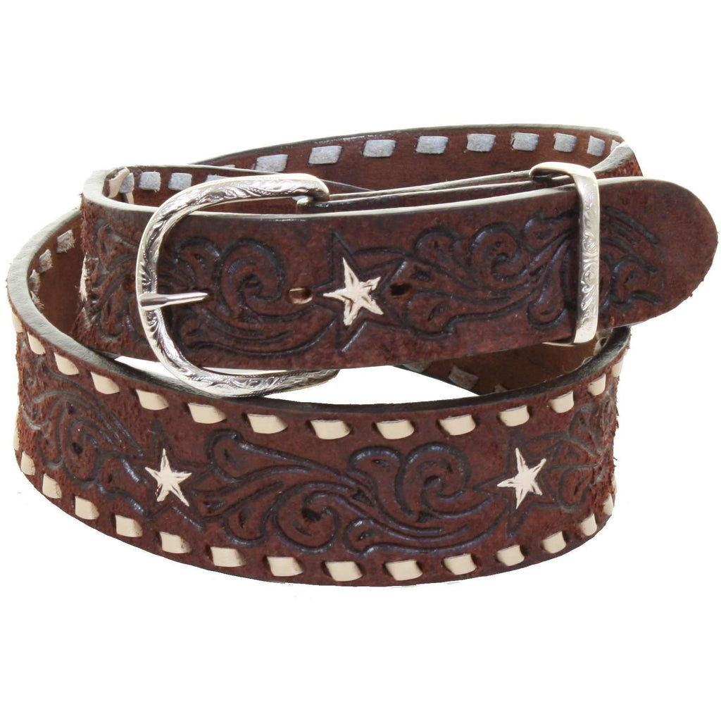 B980 - Brown Rough Out Tooled Belt - Double J Saddlery