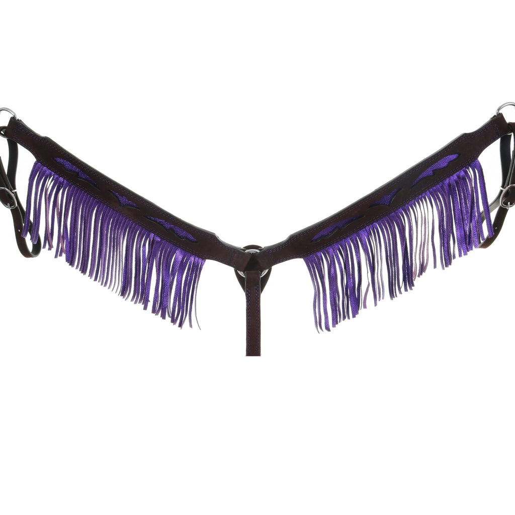 BC1092 - Brown R/O Breast Collar with Purple Inlays & Fringe - Double J Saddlery
