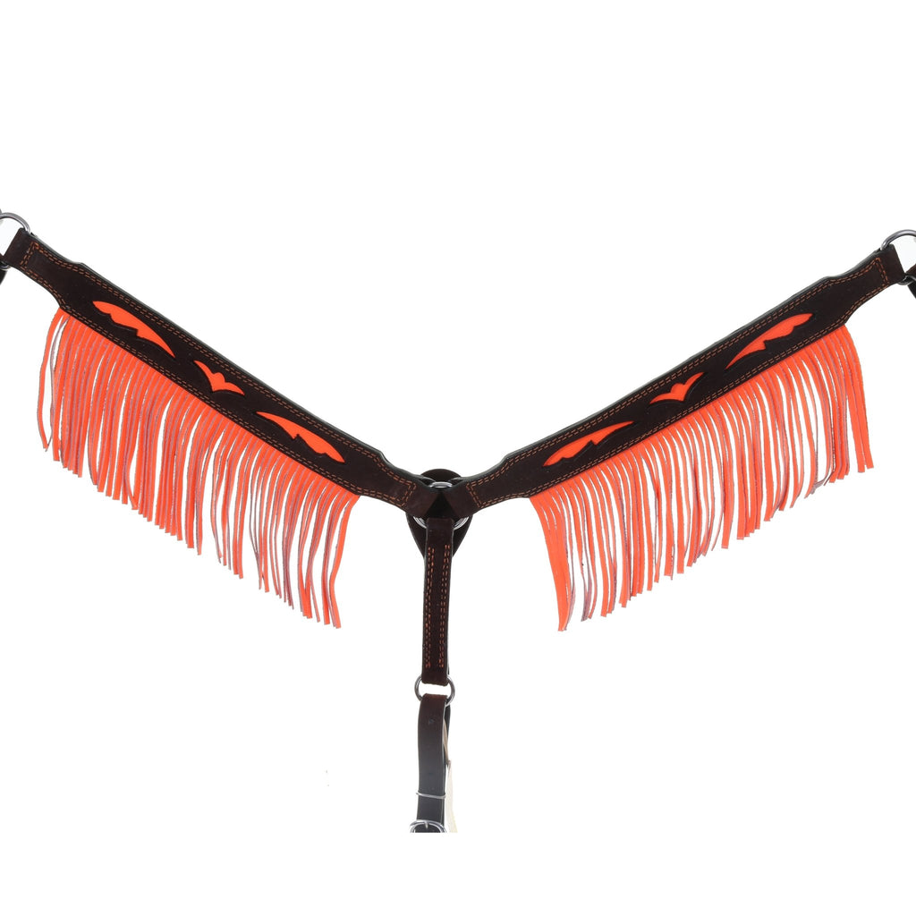 BC1094 - Brown R/O Breast Collar with Orange Inlays & Fringe - Double J Saddlery