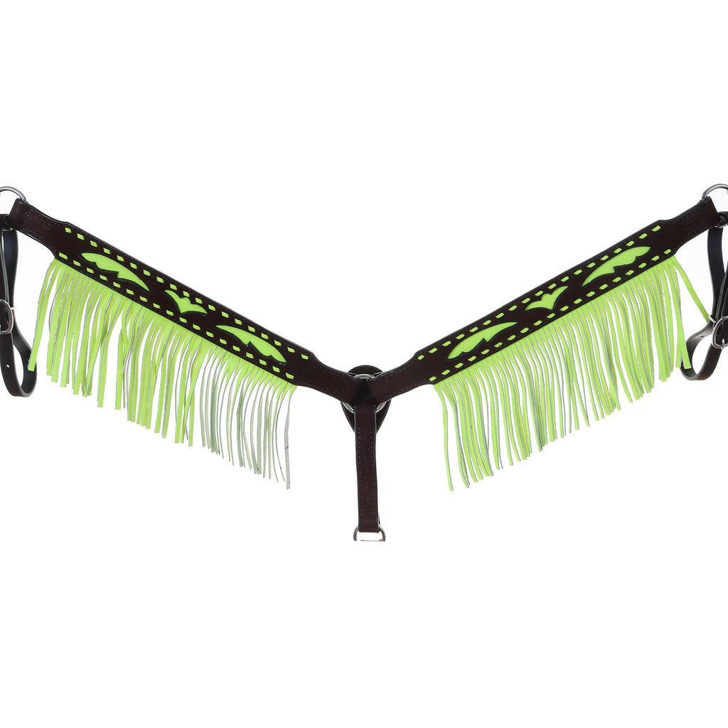 BC1095 - Brown R/O Breast Collar with Neon Green Inlays & Fringe - Double J Saddlery
