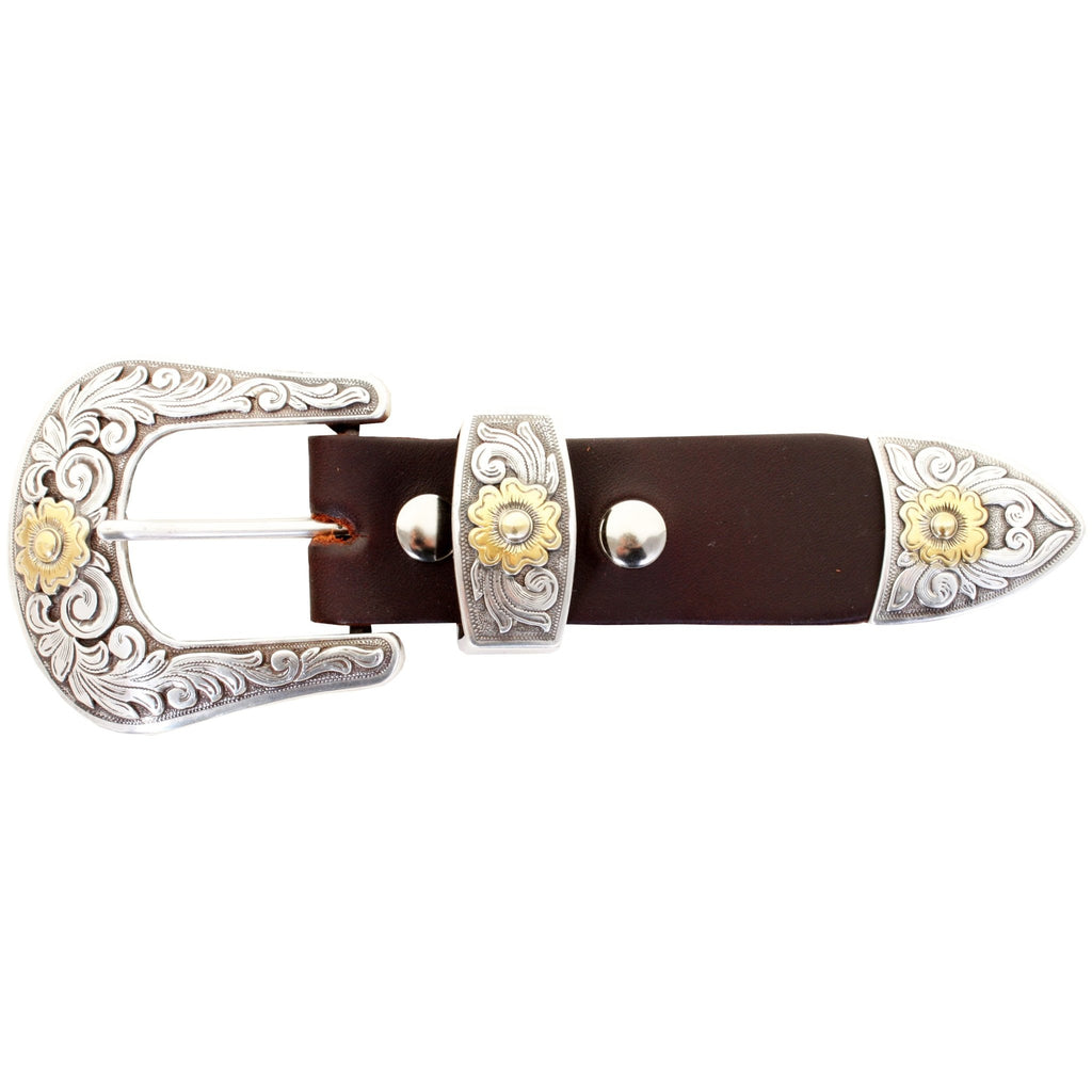 BS522 - Diablo Antique Silver Engraved with Gold Flower Buckle Set - Double J Saddlery