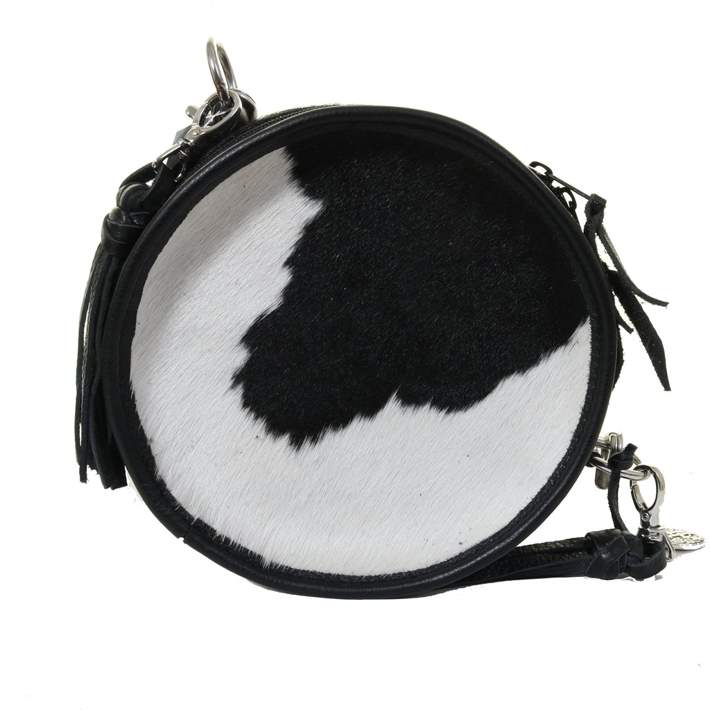 CRT08 - Black and White Cowhide Circle Tote - Double J Saddlery