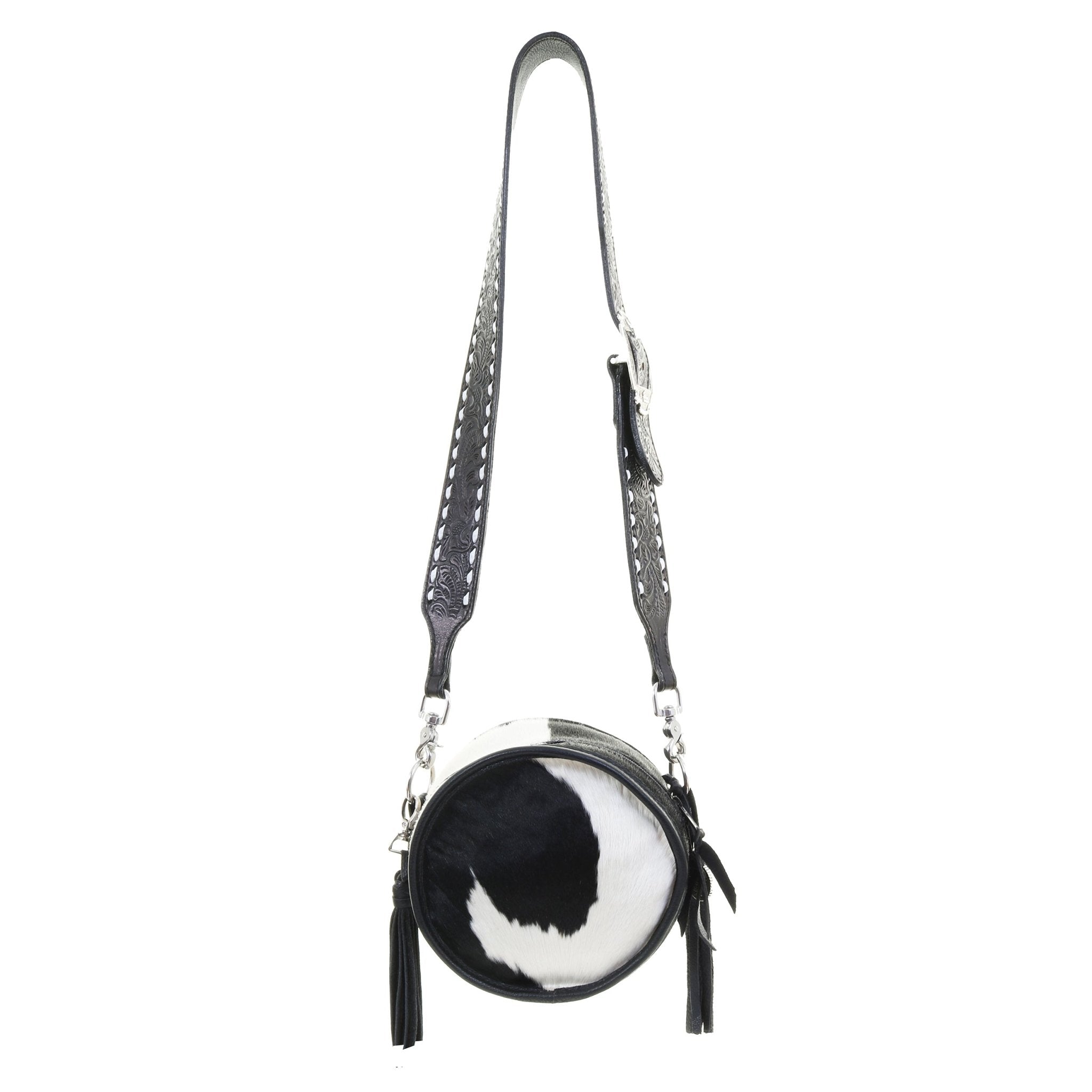 CRT12 - Black and White Cowhide Circle Tote - Double J Saddlery