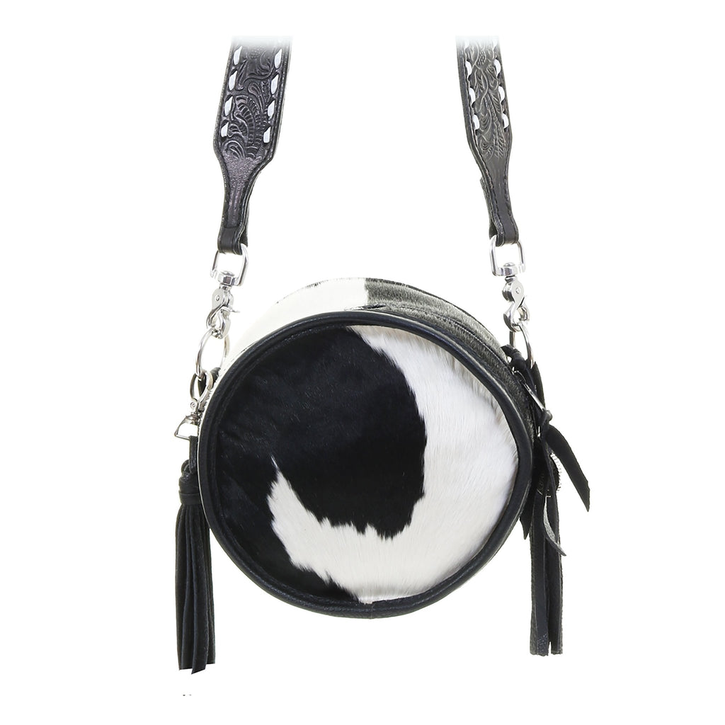 CRT12 - Black and White Cowhide Circle Tote - Double J Saddlery