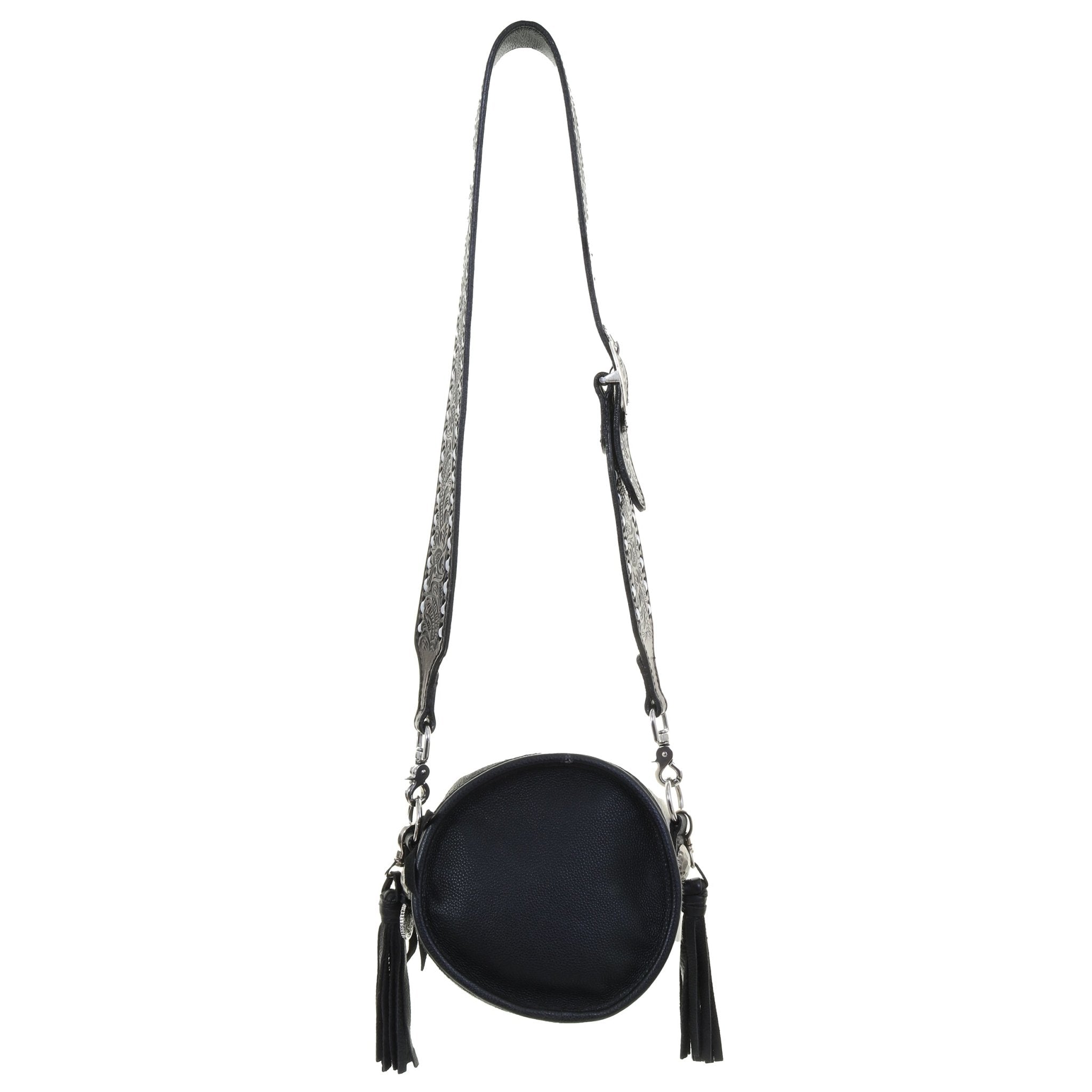 CRT12 - Black and White Cowhide Circle Tote - Double J Saddlery