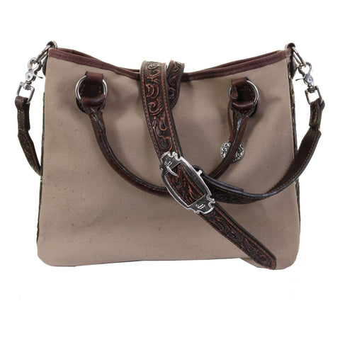 CVT01 - Khaki Canvas Tooled Tote - Double J Saddlery