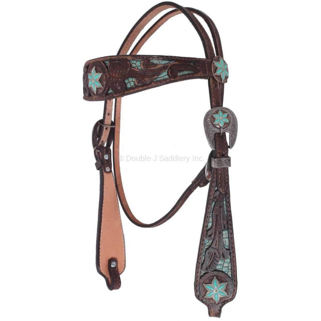 H036 - Vintage Brown Inlayed Headstall - Double J Saddlery