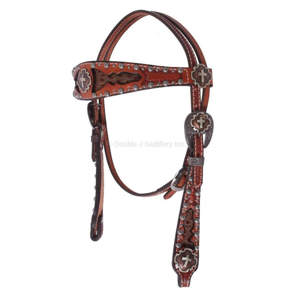 H040 - Chestnut Leather Inlayed Headstall - Double J Saddlery