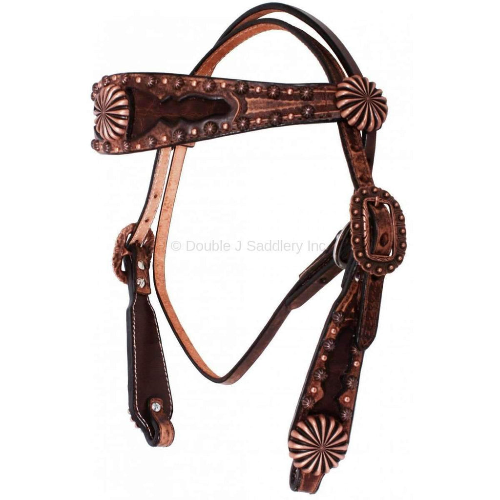 H1032 - Brown Vintage Elephant Inlayed Headstall - Double J Saddlery
