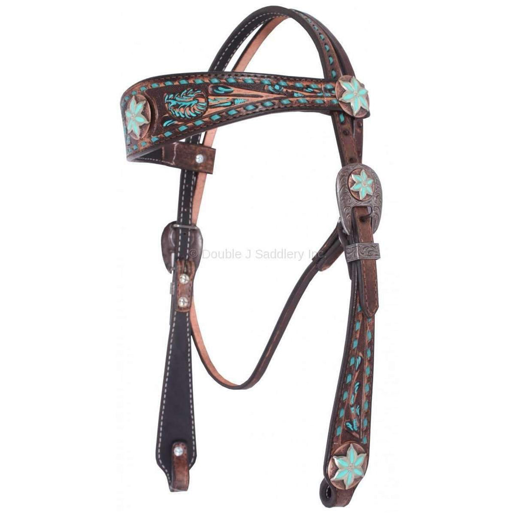H104 - Brown Vintage Hand-Tooled Headstall - Double J Saddlery
