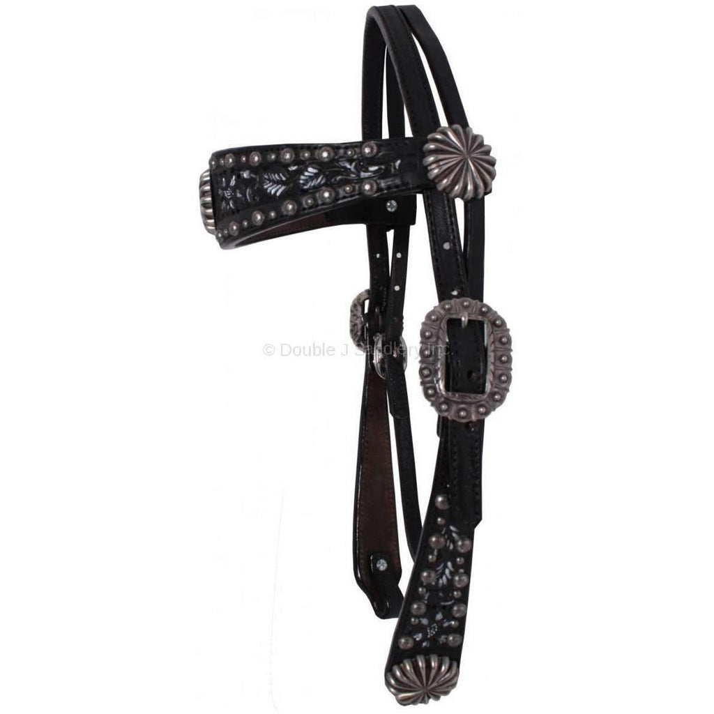 H1109 - Black Leather Floral Tooled Headstall - Double J Saddlery