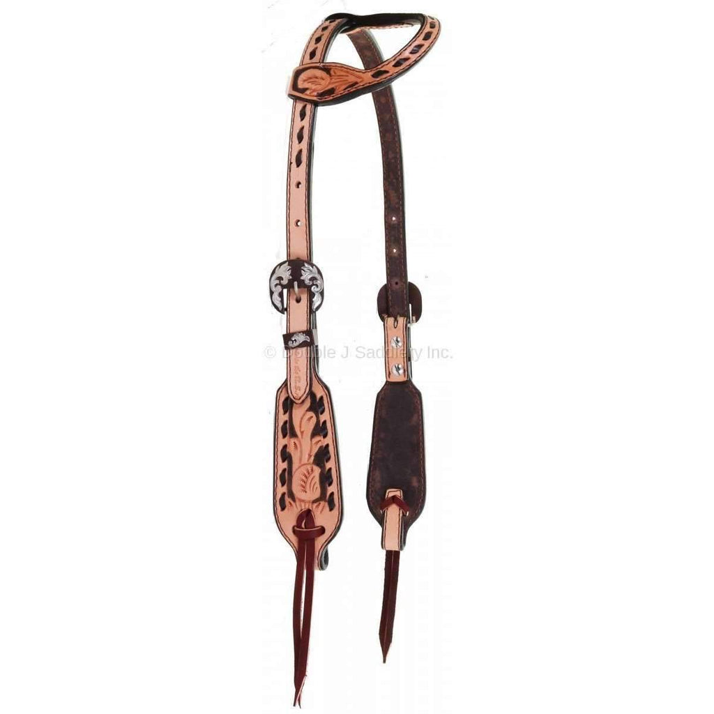 H1140 - Natural and Brown Tooled Single Ear Headstall - Double J Saddlery