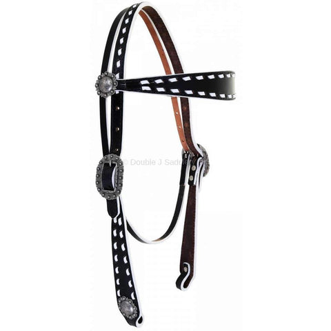 H1151 - Black Leather Buck Stitched Headstall - Double J Saddlery