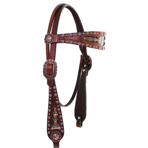 H1162 - Brown Leather Gator Inlayed Headstall - Double J Saddlery