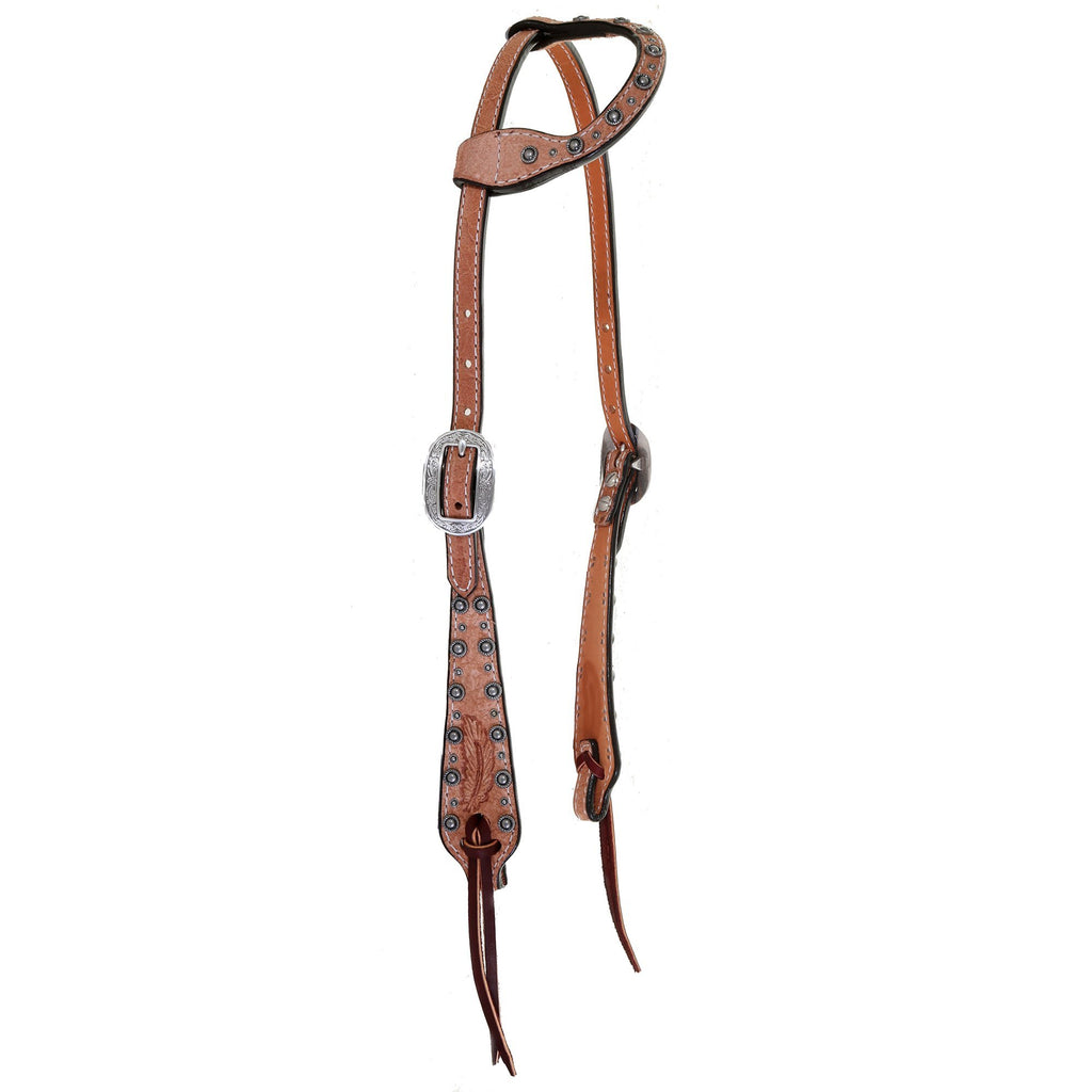 H1171 - Natural Rough Out Feather Tooled Single Ear Headstall - Double J Saddlery