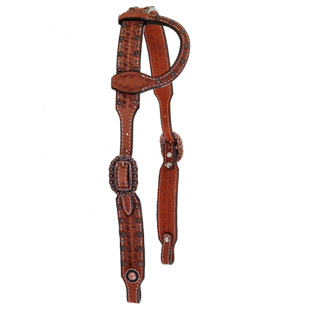 H1172 - Chestnut Rough Out Swirl Tooled Single Ear Headstall - Double J Saddlery