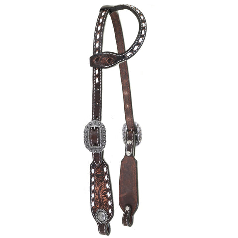 H1182 - Brown Vintage Buck Stitched Single Ear Headstall - Double J Saddlery
