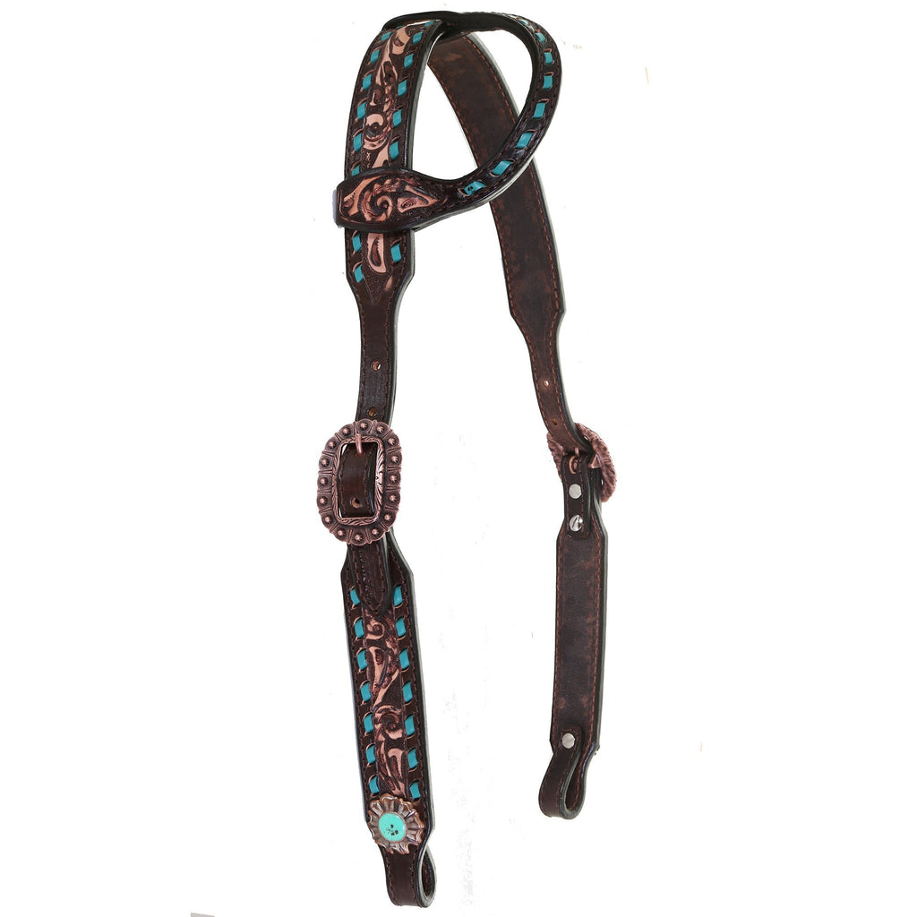 H1183 - Brown Vintage Buck Stitched Single Ear Headstall - Double J Saddlery