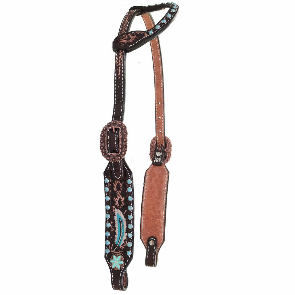 H1185 - Brown Vintage Feather Tooled Single Ear Headstall - Double J Saddlery