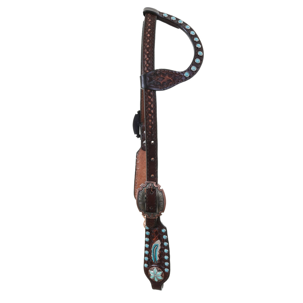 H1185A - Brown Vintage Feather Tooled Single Ear Headstall - Double J Saddlery