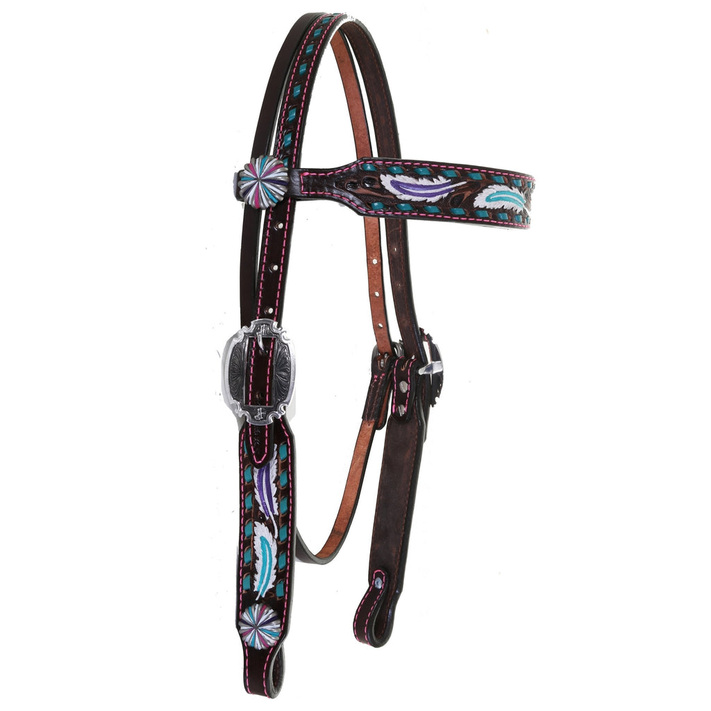 H1189 - Brown Vintage Feather Tooled Headstall - Double J Saddlery