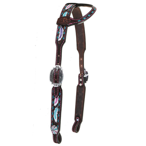 H1189A - Brown Vintage Feather Tooled Single Ear Headstall - Double J Saddlery