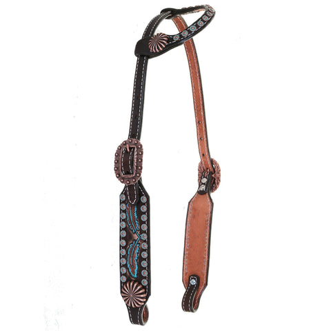 H1191 - Brown Vintage Feather Tooled Single Ear Headstall - Double J Saddlery